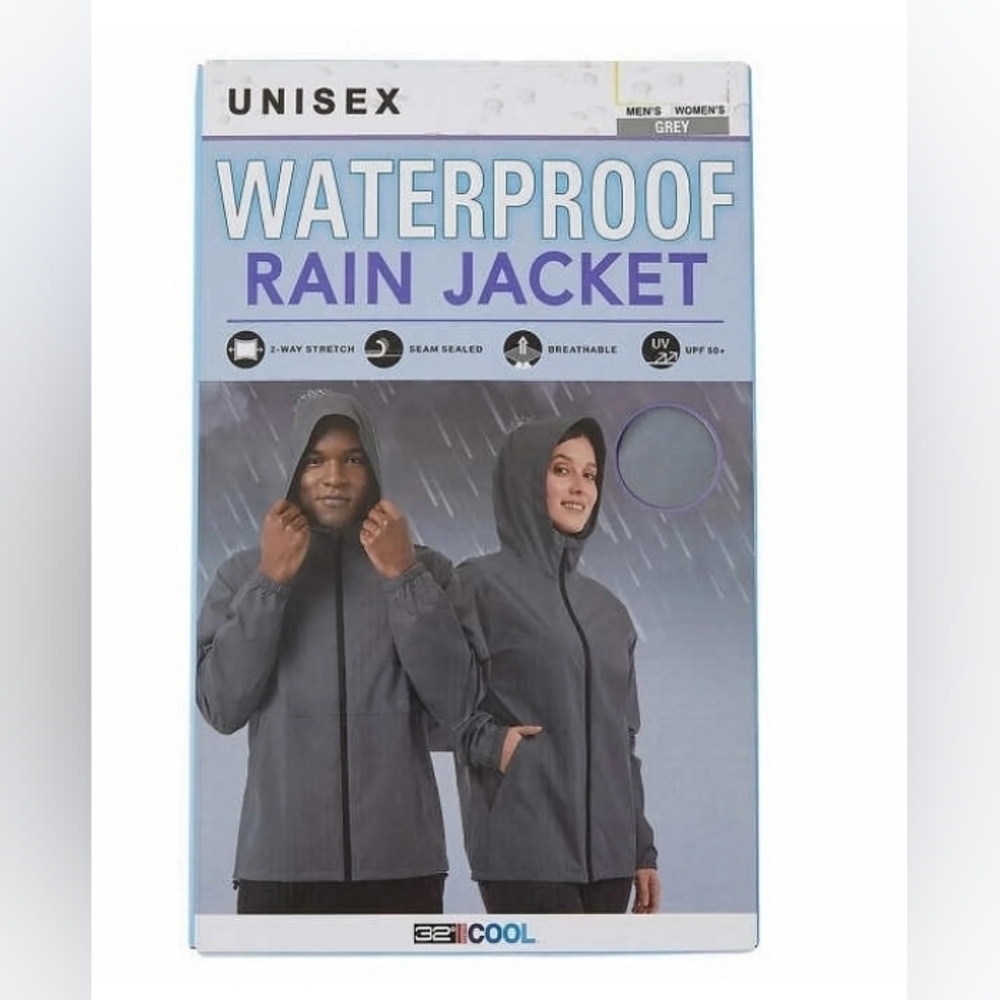 32 Degrees Cool Unisex UPF 50+ Waterproof Rain Jacket, Gray Men's M/Ladies L